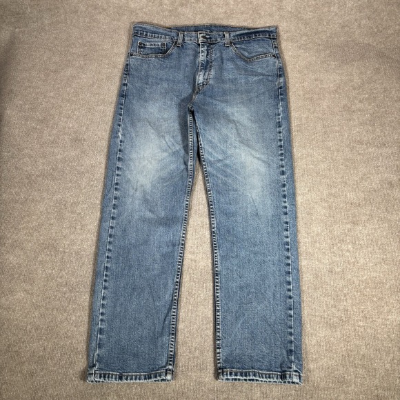 Levis 505 Jeans Mens 35x30 Regular Fit Straight Leg Medium Wash Blue Denim Faded - Picture 1 of 13